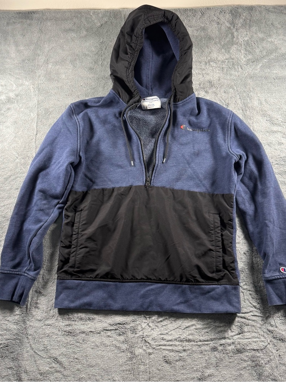Champion Hoodie Adult Large Blue Black Woven Mix Half Zip Spellout Sweater Men